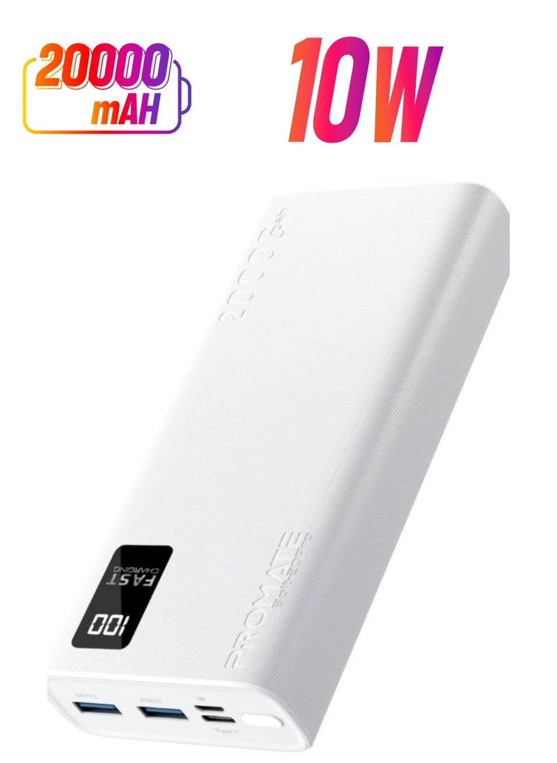 Promet Promate iPhone 15 Portable Charger, High-Capacity 20000Mah Slim Power Bank, Dual USB Ports, 10W Type-C Input/Output Port, Smart LED Display, Safe Adaptive Charging for Smartphones, Bolt-20Pro-White  - Image 1