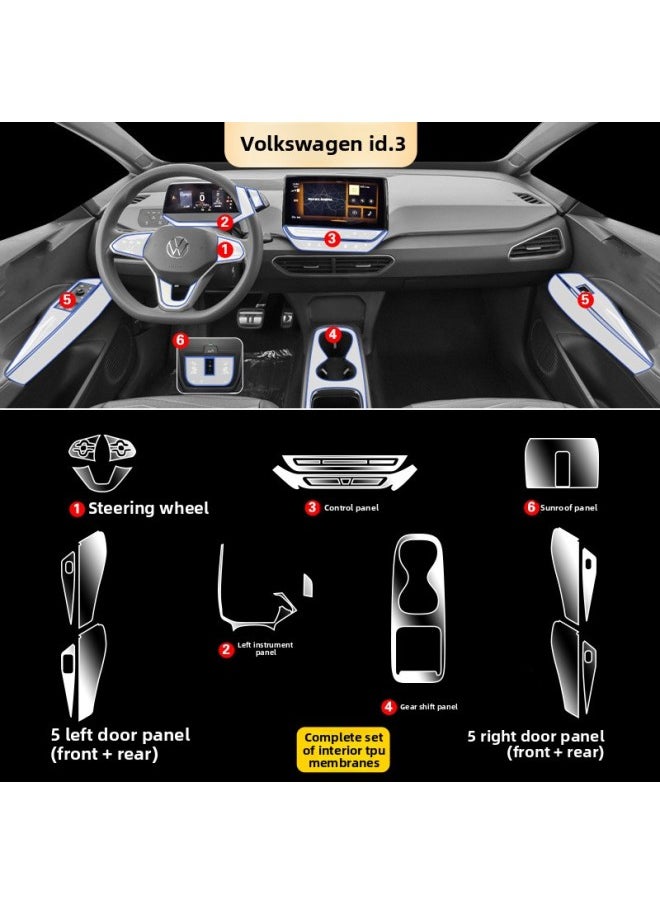Generic - 21-24 Volkswagen ID3 Special Interior Film Screen Protective Film Center Console Film Instrument Panel Modified Transparent Film-Color:21-24 Volkswagen Id3_full Set Of Tpu Soft Film (with Navigation Instrument Soft Film) - Image 1