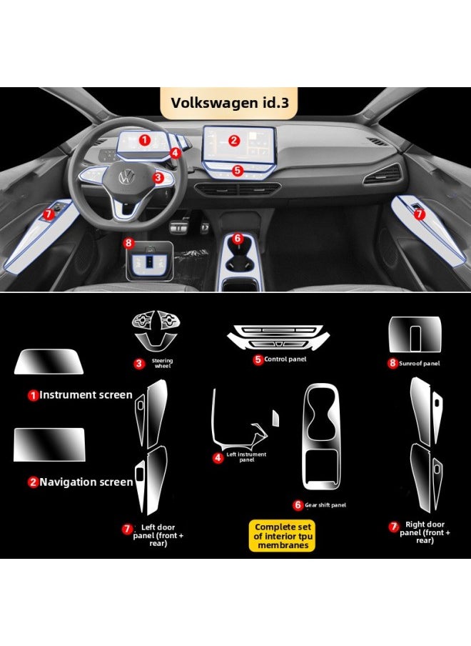 Generic - 21-24 Volkswagen ID3 Special Interior Film Screen Protective Film Center Console Film Instrument Panel Modified Transparent Film-Color:21-24 Volkswagen Id3_full Set Of Tpu Soft Film (with Navigation Instrument Soft Film) - Image 1