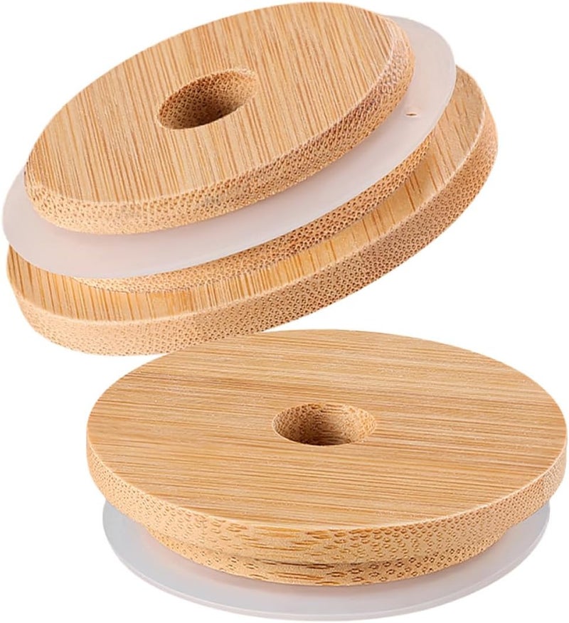 2pcs Mason Jar Lids with Sealing Ring, 70mm Wide Mouth Jar Covers with Straw Hole, Airtight Wooden Sealed Caps for Canning and Water Cup Use - Image 1