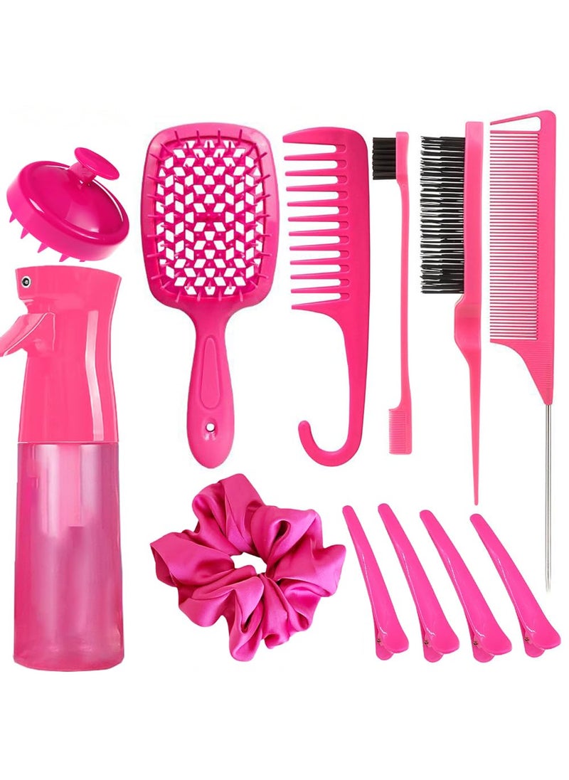 SUPHOUSE - 12 Pcs Hair Brush Set 3 Pieces Slick Back Hair Brushes for Toddlers Women Detangling Brush for Wet Dry Curly Hair Edge Bristles Wide Tooth Rat Tail Combs for Baby Girls Rose Red - Image 1