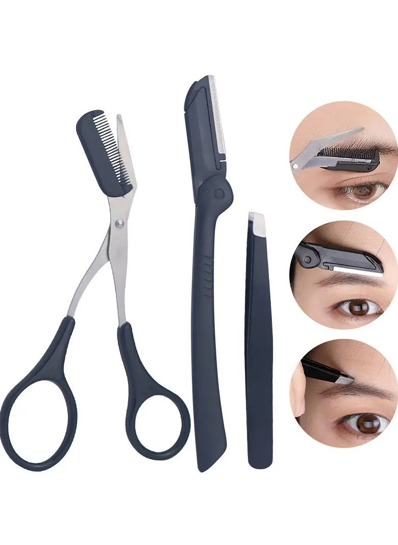 أوريتي 3pcs مجموعة تقليم الحاجب الفولاذ المقاوم للصدأ ملقط الحاجب مقص الحاجب مع مشط الحاجب ماكينة حلاقة أسود  - Image 1