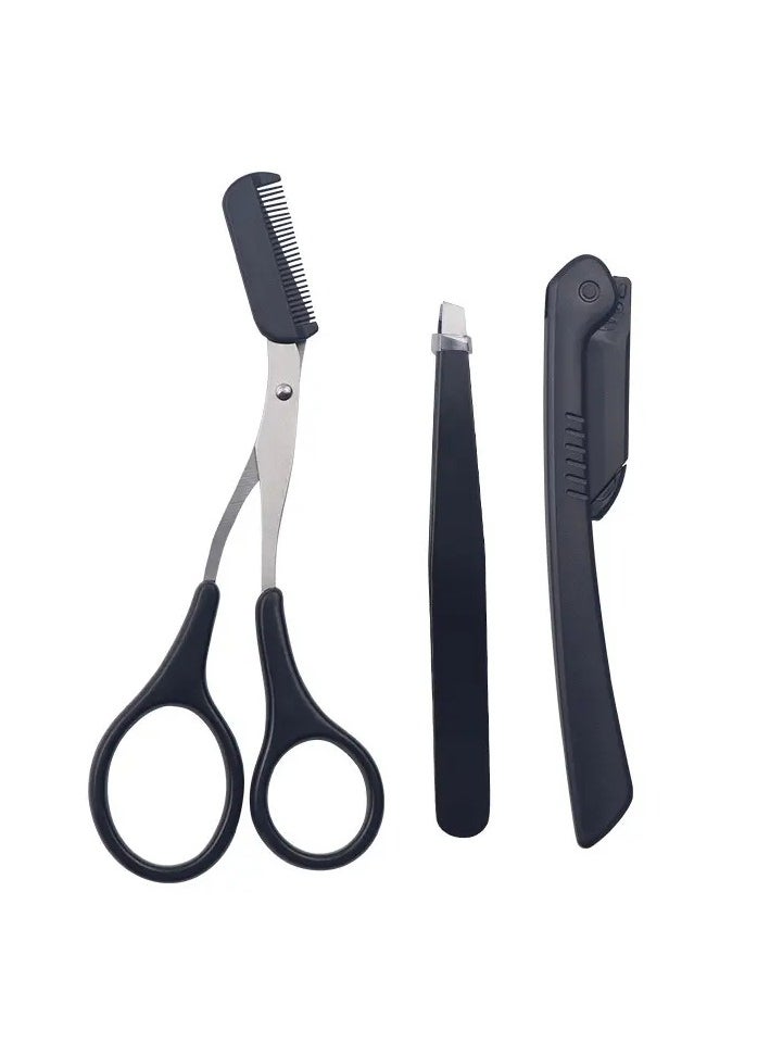 أوريتي 3pcs مجموعة تقليم الحاجب الفولاذ المقاوم للصدأ ملقط الحاجب مقص الحاجب مع مشط الحاجب ماكينة حلاقة أسود  - Image 3