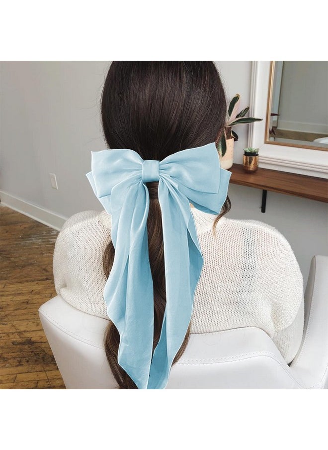 AEGYPIUS - Jumbo Bow Clip With Tails Hair Bow Clip For Woman Girls Silky Satin Hair Barrettes Clip Large Bow Hair Slides Metal Clips French Barrette Long Tail Bowknot Hairpin Hair Pins Accessories (Light Blue) - Image 1