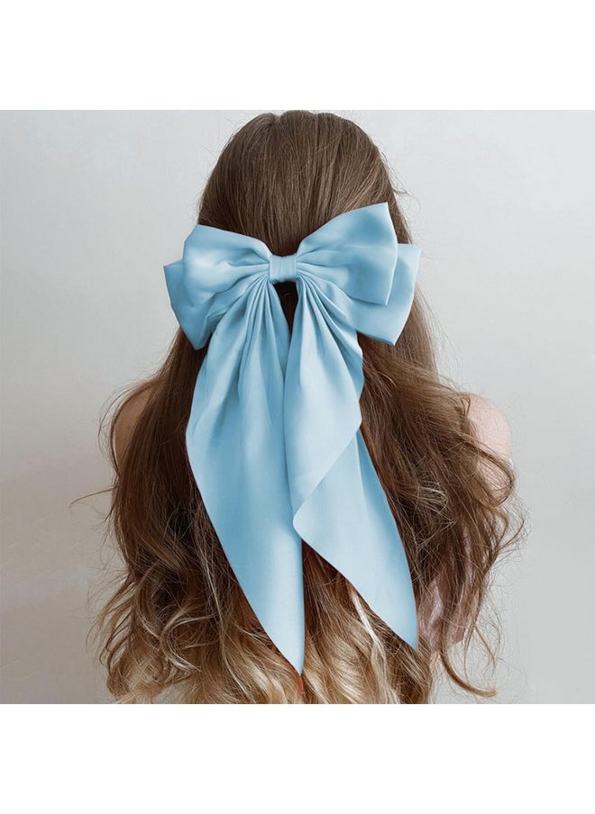 AEGYPIUS - Jumbo Bow Clip With Tails Hair Bow Clip For Woman Girls Silky Satin Hair Barrettes Clip Large Bow Hair Slides Metal Clips French Barrette Long Tail Bowknot Hairpin Hair Pins Accessories (Light Blue) - Image 1