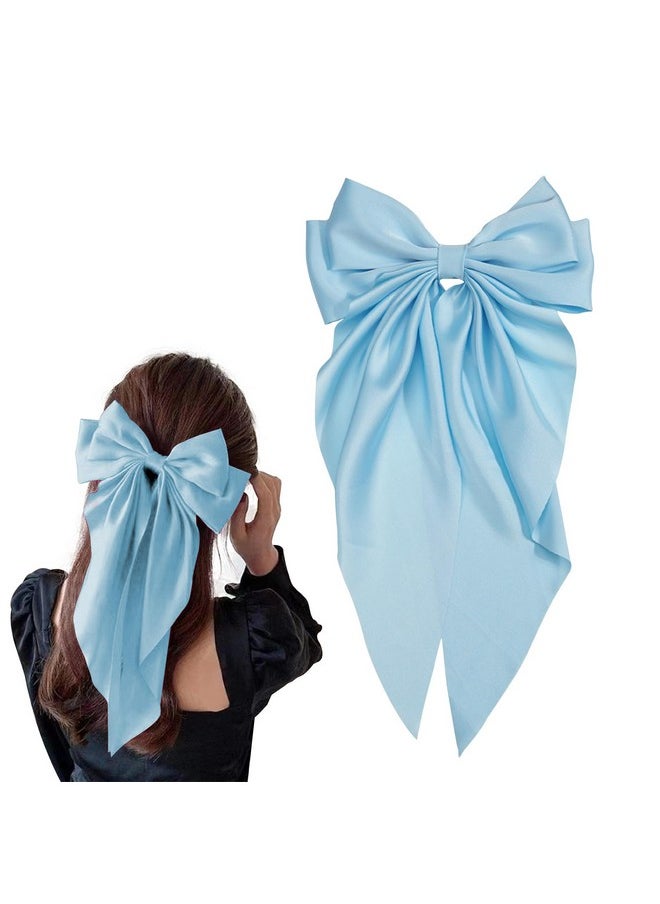 AEGYPIUS - Jumbo Bow Clip With Tails Hair Bow Clip For Woman Girls Silky Satin Hair Barrettes Clip Large Bow Hair Slides Metal Clips French Barrette Long Tail Bowknot Hairpin Hair Pins Accessories (Light Blue) - Image 1