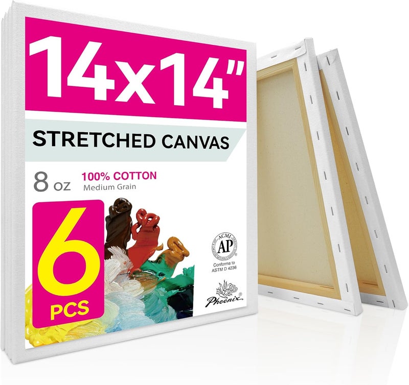 Phoenix Stretched Canvas for Painting 14x14 Inch/6 Value Pack, 8 Oz Triple Primed 5/8 Inch Profile 100% Cotton White Blank Canvas, Square Framed Canvas for Oil Acrylic & Pouring Art - Image 1