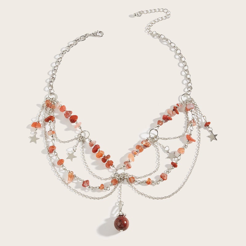 European and American Cross-border Niche Design Sweet Cool Natural Stone Beaded Five-pointed Star Tassel Agate Pendant Necklace Chain A2-8 (red agate)