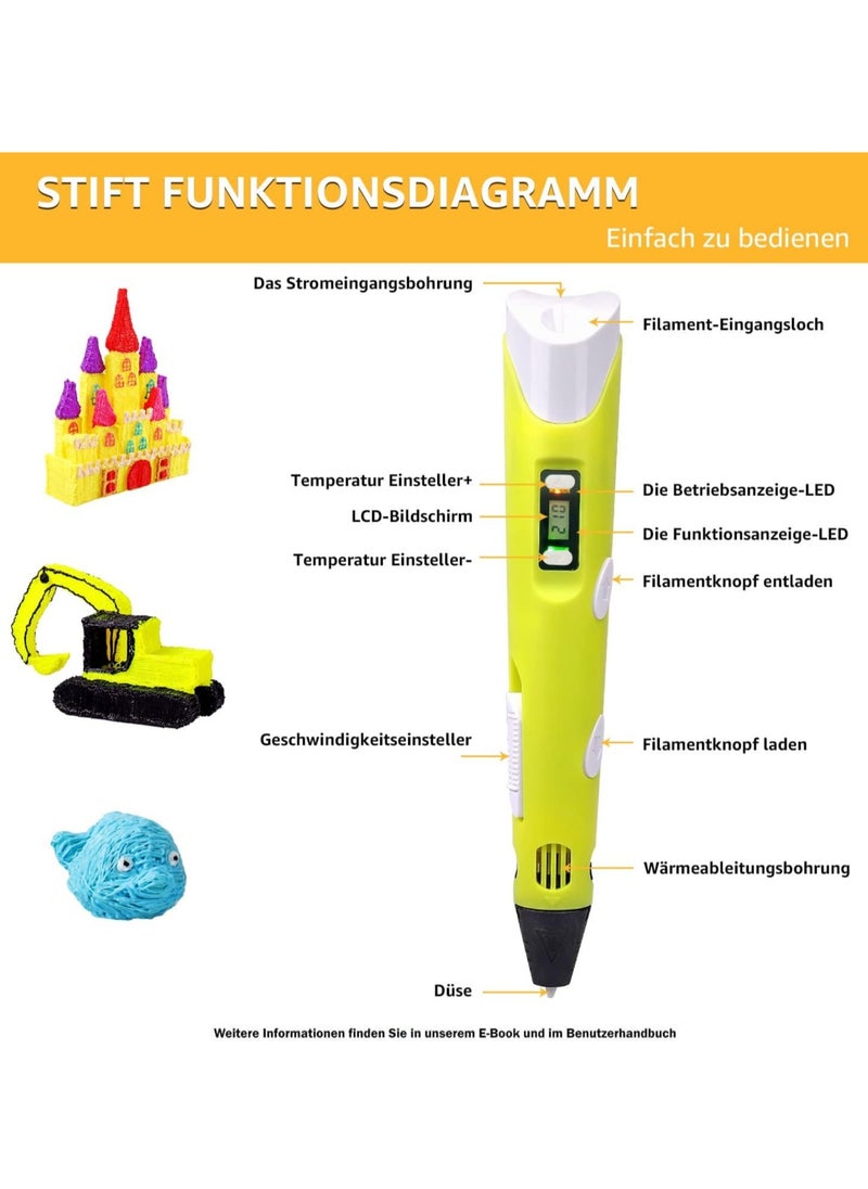 TIGER 3D Printer Pen Set for Kids & Adults – Includes 3D Pen with 12 Colors of 1.75mm PLA Filament (3m Each) – Model 02A Yellow, Creative Art & DIY for Beginners  - Image 4