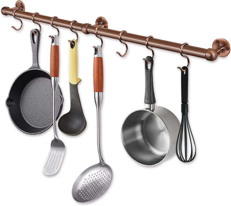 ROTHLEY Hanging Pot Rack Hanger: 23.7 Inch Stainless Steel Pot and Pan Hanger Pot Rack Wall Mounted Hanging Pots and Pans Rack Pot Hangers for Kitchen Wall Kitchen Rail with Hooks (Antique Copper) - Image 1