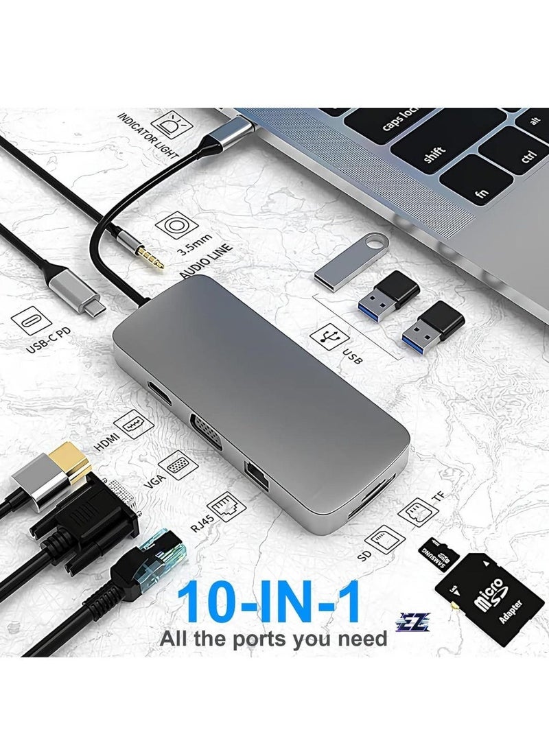ELTRAZONE 10-in-1 USB C Hub Docking Station with 4K HDMI, VGA, USB 3.0, Ethernet, SD/TF, 3.5mm AUX – Compatible with MacBook Pro & Type C Laptops – Ultimate Connectivity Hub for Work & Entertainment  - Image 2
