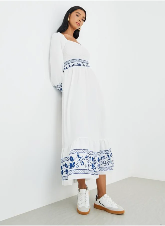 تايك تو Take Two Printed Long Sleeve Midi Dress with Smocked Detail