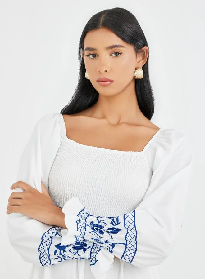 Take Two Take Two Printed Long Sleeve Midi Dress with Smocked Detail