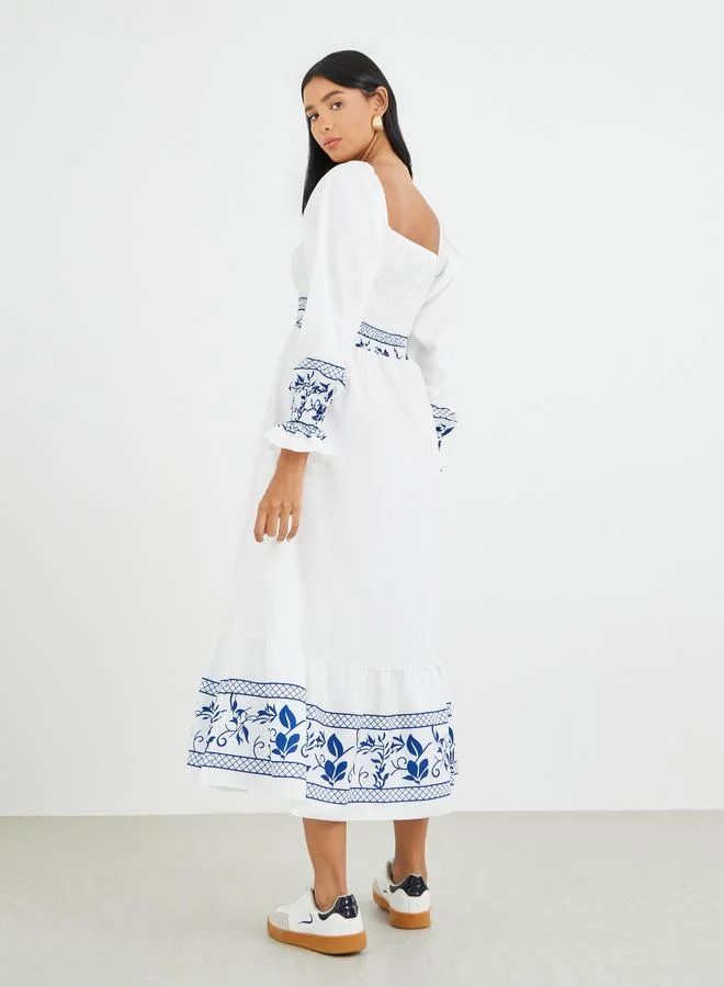 Take Two Take Two Printed Long Sleeve Midi Dress with Smocked Detail