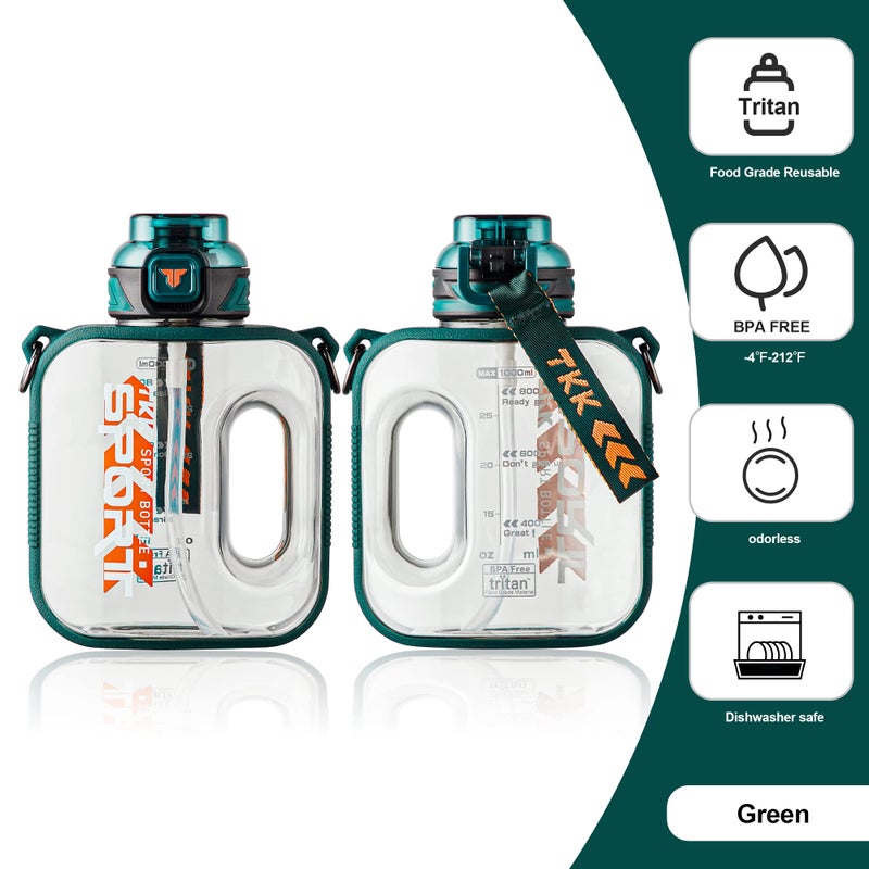 TKK زجاجة ماء رياضية TKK سعة 32 أونصة مع قشة - زجاجة ماء بلاستيكية كبيرة السعة - آمنة للغسل في غسالة الصحون 1 لتر خالية من BPA من مادة تريتان لليوغا والرياضة والسفر والتخييم في الهواء الطلق باللون الأخضر الفاتح - Image 3