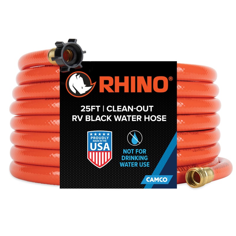 Camco Rhino 25-Ft Clean-Out Camper/RV Black Water Hose - Features a Heavy-Duty PVC Design & Bright Orange Color - Clean-Out Camper Black Water, Grey Water or Tote Tanks - 5/8â€ Inside Diameter (22990) - Image 1