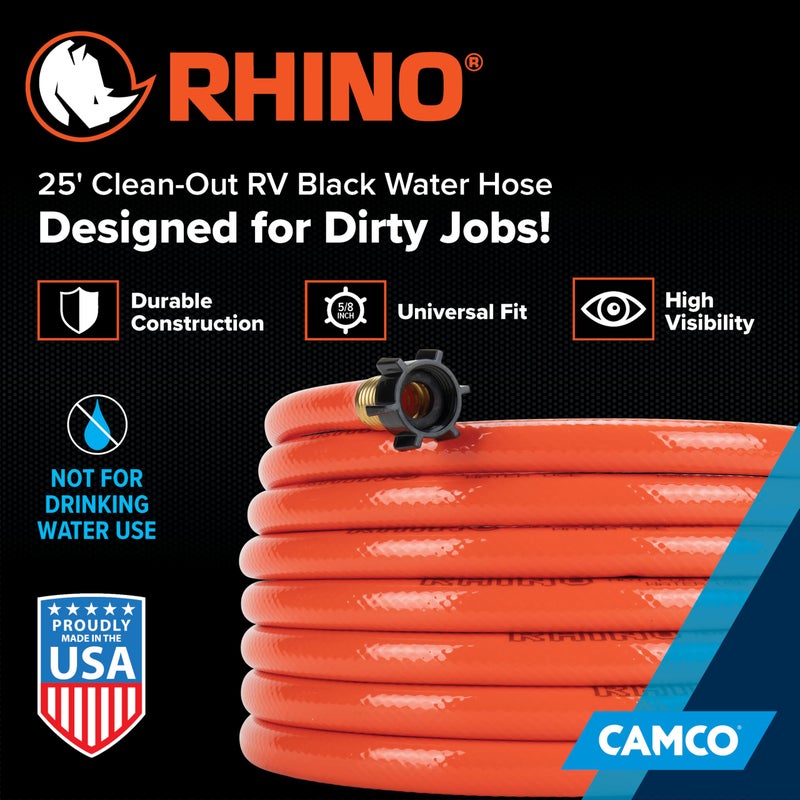 Camco Rhino 25-Ft Clean-Out Camper/RV Black Water Hose - Features a Heavy-Duty PVC Design & Bright Orange Color - Clean-Out Camper Black Water, Grey Water or Tote Tanks - 5/8â€ Inside Diameter (22990) - Image 2