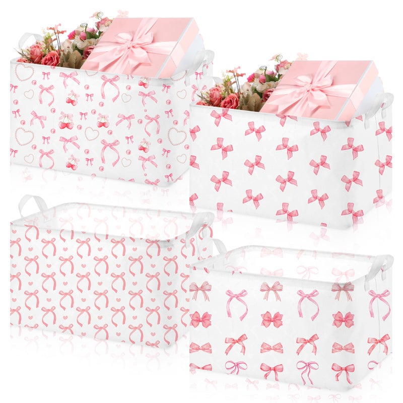 Chunful 4 Pcs Coqutte Pink Bow Storage Baskets Cute Preppy Pink Hamper Storage Bins Foldable Laundry Baskets with Handle Collapsible Organizer for Home Bathroom Offices Bedrooms - Image 2