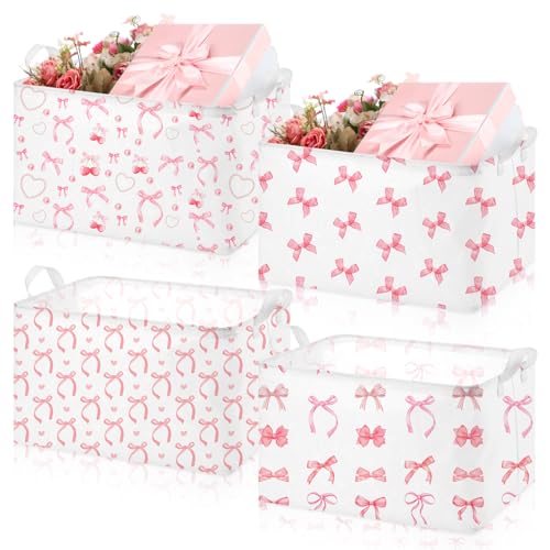 Chunful 4 Pcs Coqutte Pink Bow Storage Baskets Cute Preppy Pink Hamper Storage Bins Foldable Laundry Baskets with Handle Collapsible Organizer for Home Bathroom Offices Bedrooms - Image 1