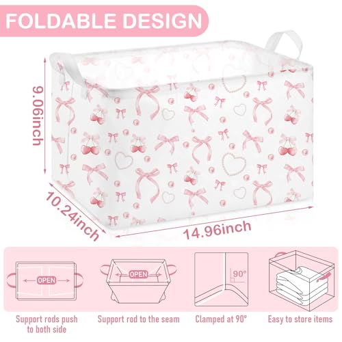Chunful 4 Pcs Coqutte Pink Bow Storage Baskets Cute Preppy Pink Hamper Storage Bins Foldable Laundry Baskets with Handle Collapsible Organizer for Home Bathroom Offices Bedrooms - Image 3