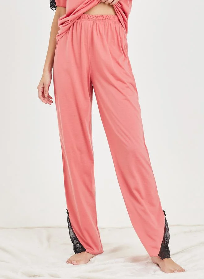 Styli Lace Insert Bow Detail T-shirt and Pyjama Set