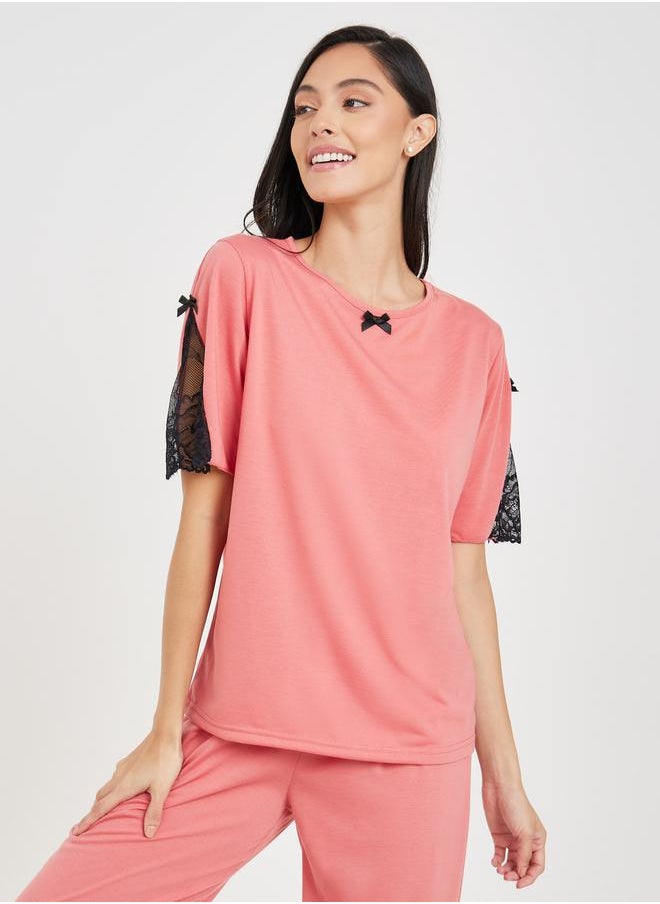 Styli - Lace Insert Bow Detail T-shirt and Pyjama Set - Image 1