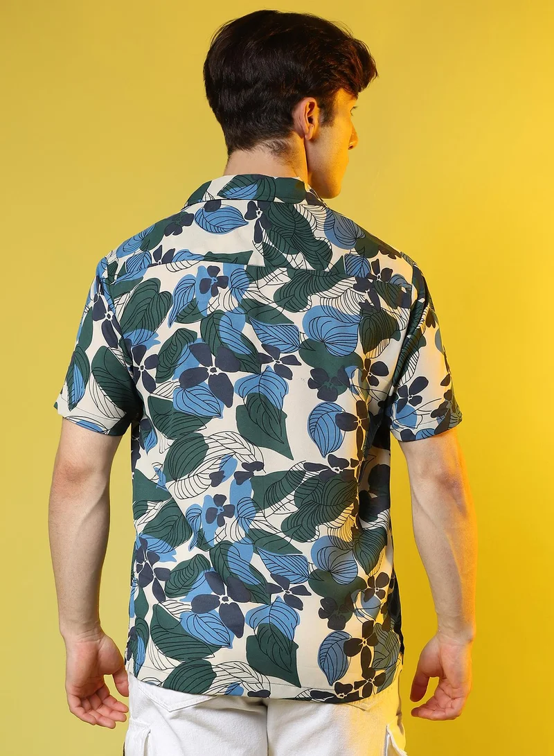 Campus Sutra Men's Azure Blue & Forest Green Floral Abstract Shirt