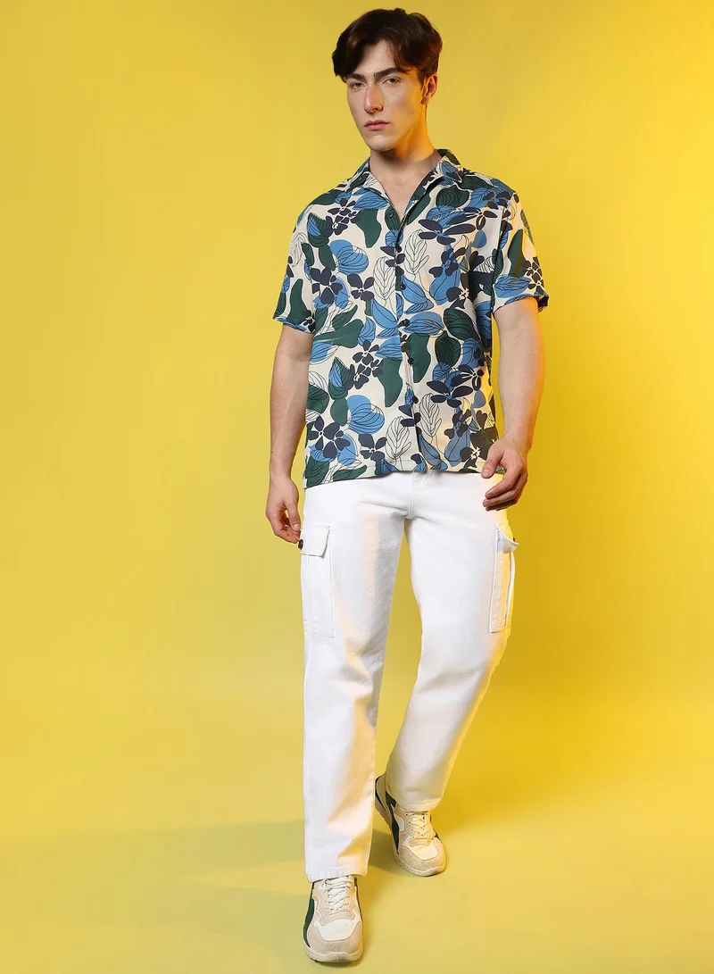 Campus Sutra Men's Azure Blue & Forest Green Floral Abstract Shirt