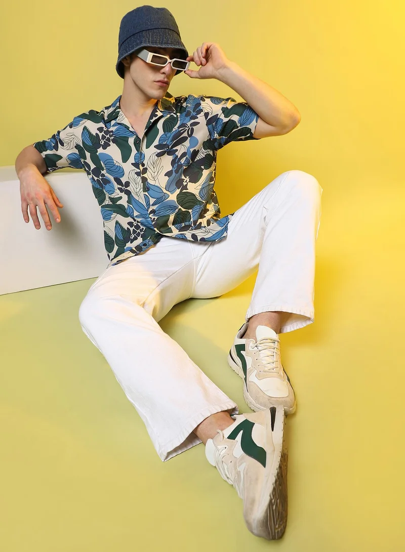Campus Sutra Men's Azure Blue & Forest Green Floral Abstract Shirt