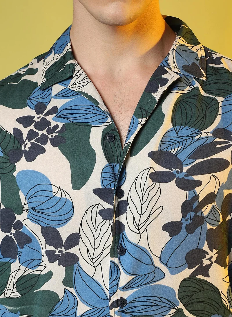 Campus Sutra Men's Azure Blue & Forest Green Floral Abstract Shirt