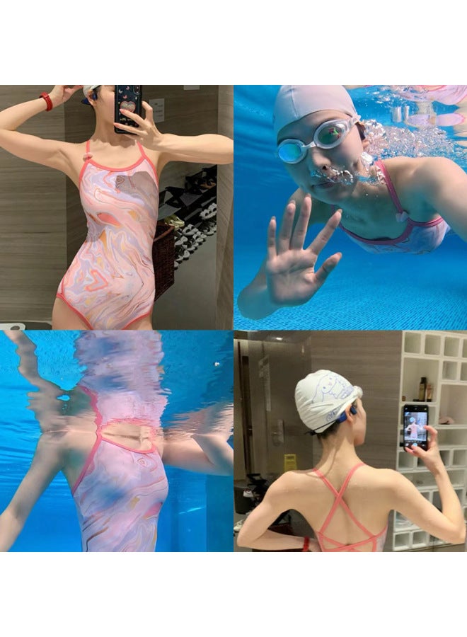 Generic Vintage Simple Slim-Fit Slimming Classic Double Shoulder Strap Small Chest Girl Swimming Class Student Swimsuit Women's Swimsuit-Color:Printing Powder-Size:L - Image 3
