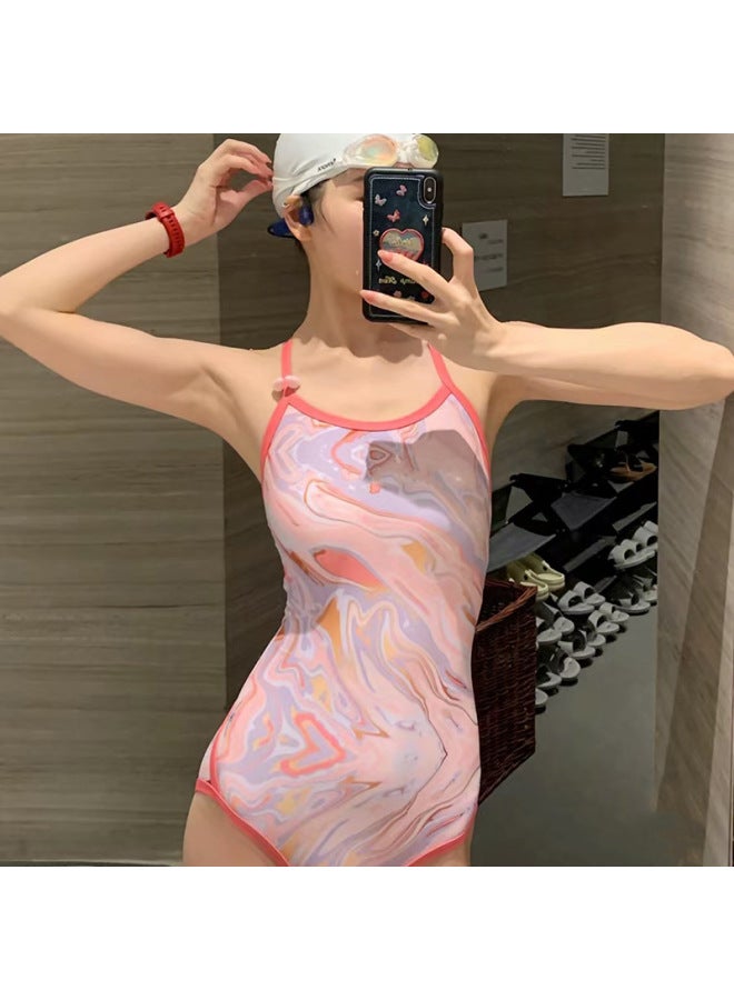 Generic Vintage Simple Slim-Fit Slimming Classic Double Shoulder Strap Small Chest Girl Swimming Class Student Swimsuit Women's Swimsuit-Color:Printing Powder-Size:L - Image 1