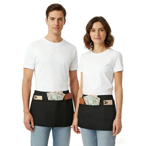 BOHARERS 4 Pack Waitress Apron With 3 Pockets-Black Server Aprons-Waiter Short Half Waist Servers Apron - Image 4