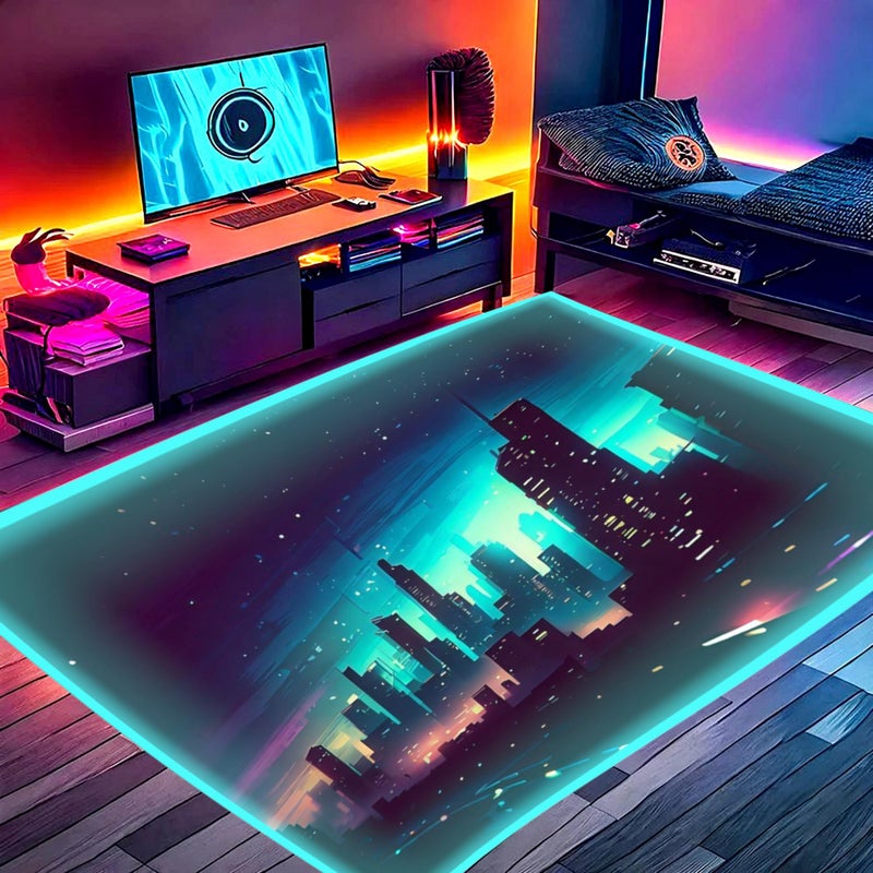 DEALZOOM Gaming Rug RGB LED Light (3x5 Skyline) - Bedroom Gamer Rug Floor Mat Gaming Decor - Kids Room Rug Anti Slip Mat for Gamer Chair â€“ Play Game Room DÃ©cor for Teen, Boys, Kids - Image 1
