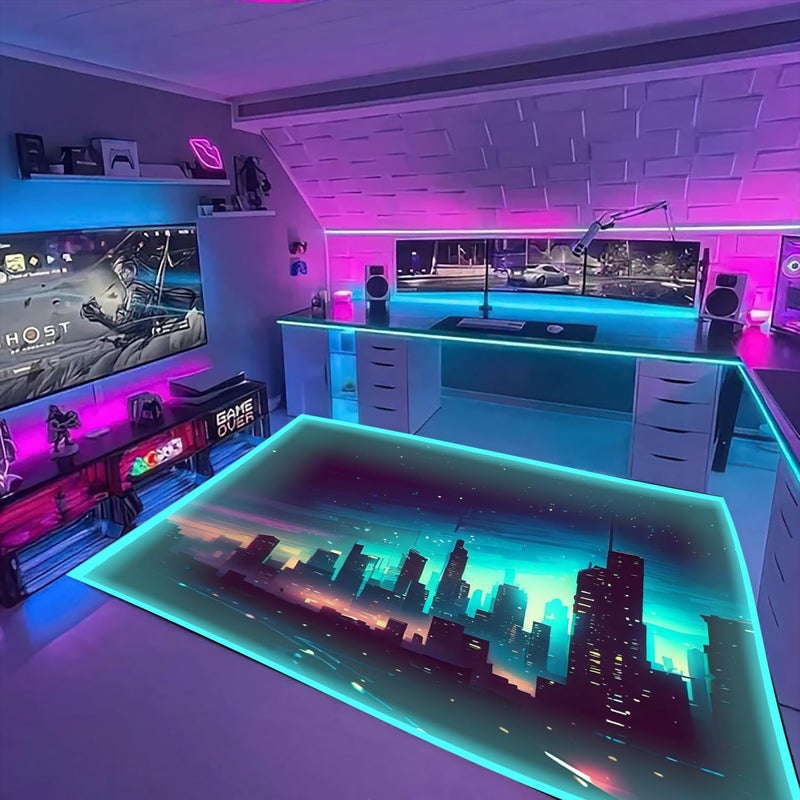 DEALZOOM Gaming Rug RGB LED Light (3x5 Skyline) - Bedroom Gamer Rug Floor Mat Gaming Decor - Kids Room Rug Anti Slip Mat for Gamer Chair â€“ Play Game Room DÃ©cor for Teen, Boys, Kids - Image 4