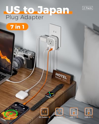 TESSAN US to Japan Plug Adapter 2 Pack, TESSAN 2 Prong to 3 Prong Outlet Adapter with 4 Outlets 3 USB (2 USB-C), Outlet Adaptor US to Japan China Mexico Philippines Canada Peru Thailand Vietnam - Image 3