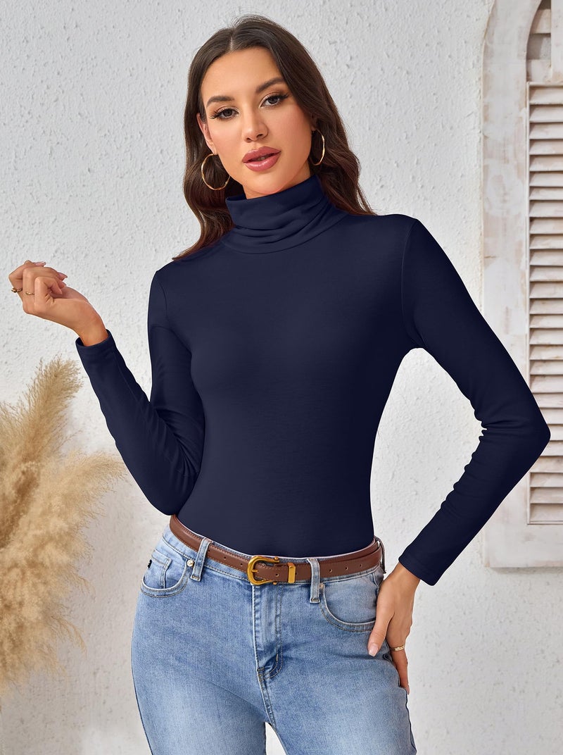ACIEMR Turtleneck Tops for Women - Lightweight Stretch Long Sleeve Shirts, Slim Fit Thermal Base Layer Tee for Work, Office & Everyday Fashion Navy Blue Large - Image 2