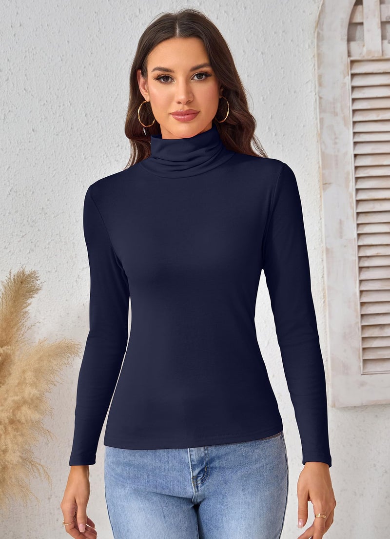 ACIEMR Turtleneck Tops for Women - Lightweight Stretch Long Sleeve Shirts, Slim Fit Thermal Base Layer Tee for Work, Office & Everyday Fashion Navy Blue Large - Image 4