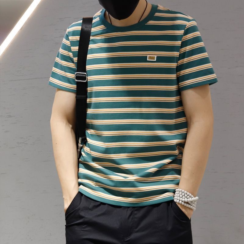 Men'S Short-Sleeved Striped T-Shirt Base Shirt Round Neck Short-Sleeved Casual Half-Sleeved Youth Slim-Fit Trendy Korean Style - Image 2