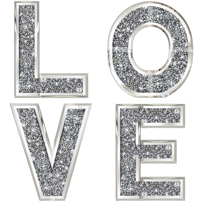 4 PCS INDEPENDENT LETTERS LOVEGLAM CRYSTAL DIAMOND LETTERSSILVER MIRROR GLASS HOME DECORATION FOR WALL FIREPLACE BOOKSHELF AND TABLE