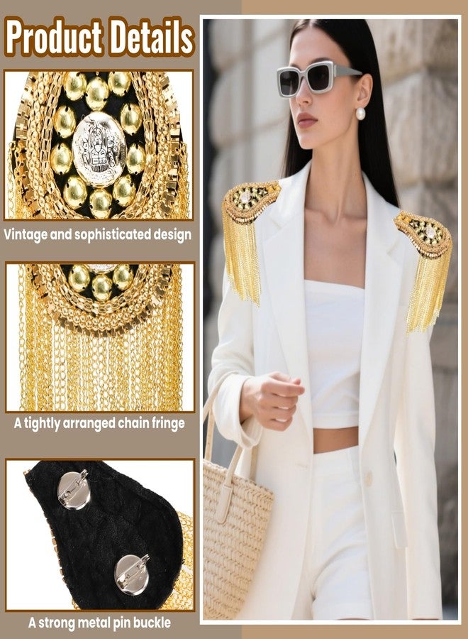 Acshio 4 Pieces Tassel Shoulder Epaulettes, Metal Gold Fringe Shoulder Pads with Pins, Shoulder Boards Badge Beads Punk Fringe Epaulet for Jacket, Suit, Uniform Accessories - Image 3