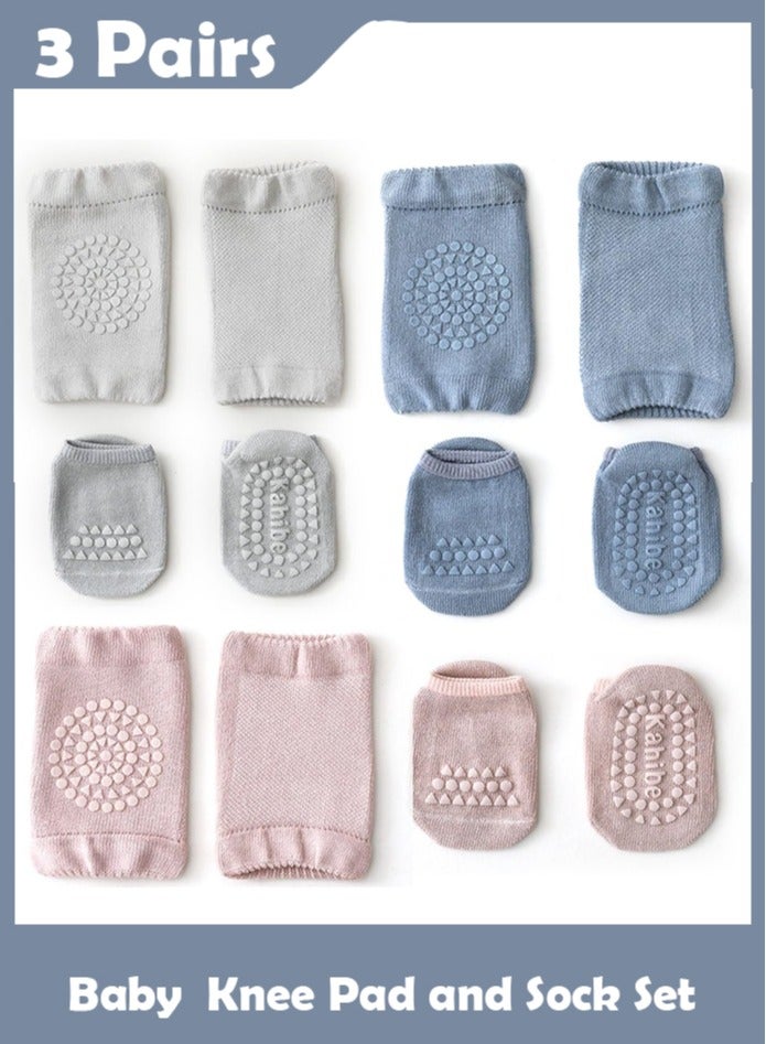 3-Pair Knee Pad and Crawling Sock Set – Comprising 3 Non-Slip Baby Crawling Socks & 3 Secure Knee Protectors – Essential Safety Gear for Kids Aged 1-3 - Image 1