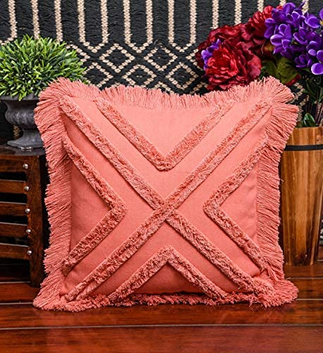 IMPEXART PVT LTD 20x20 Inches Cotton Pink Boho Shaggy Square Geometric Desgin Cushion Cover for Decor Couch Sofa Bedroom Living Room Farmhouse Indoor Outdoor