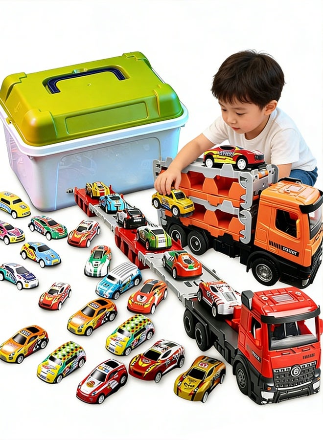 50PCS Alloy Cars Vehicles Toy Set with Foldable Race Tracks - Sliding Track Catapult Car Parking Lot Truck Toy, Transport Car Carrier with Slots, Folding Rail Car, Toddler Racing Toys for 3+ Kids - Image 1