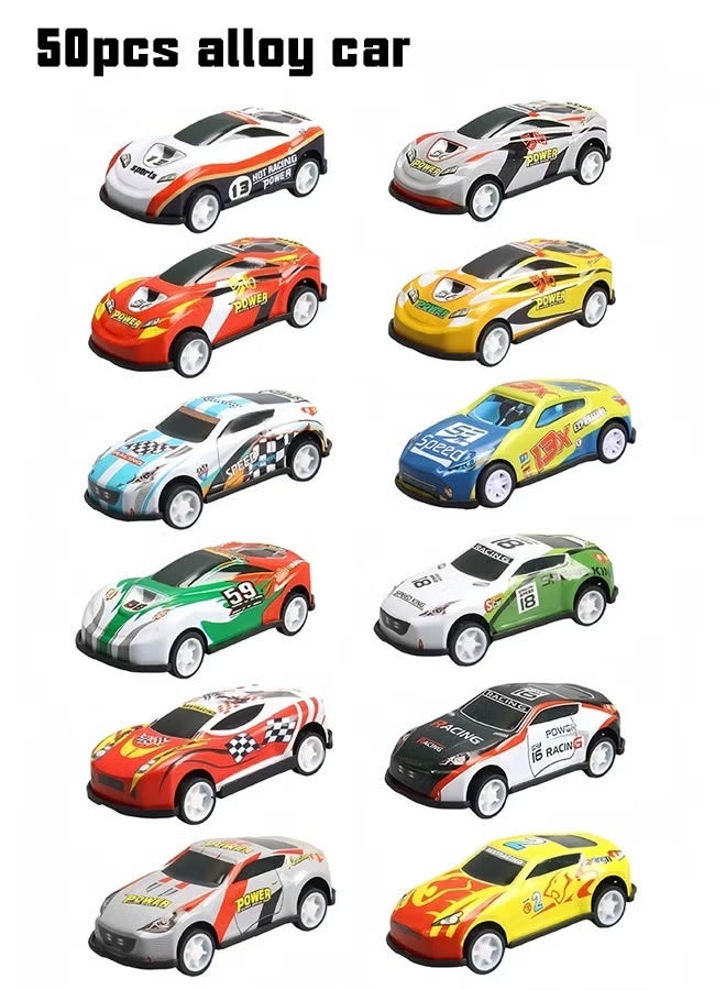 50PCS Alloy Cars Vehicles Toy Set with Foldable Race Tracks - Sliding Track Catapult Car Parking Lot Truck Toy, Transport Car Carrier with Slots, Folding Rail Car, Toddler Racing Toys for 3+ Kids - Image 3