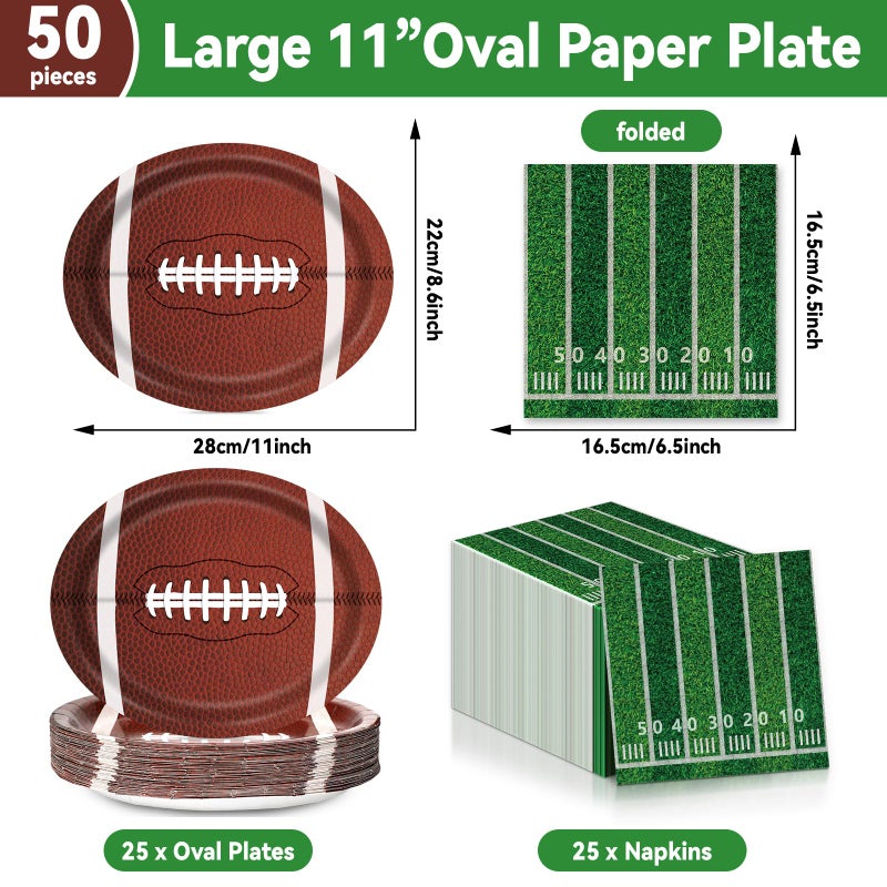 QOUBAI Football Oval Paper Plates Football Plates and Napkins Party Decorations Sport Rugby Theme Birthday Supplies 11inch Touch Down Dish Tray Dinnerware for Party Game Celebration, 25 Guest - Image 2