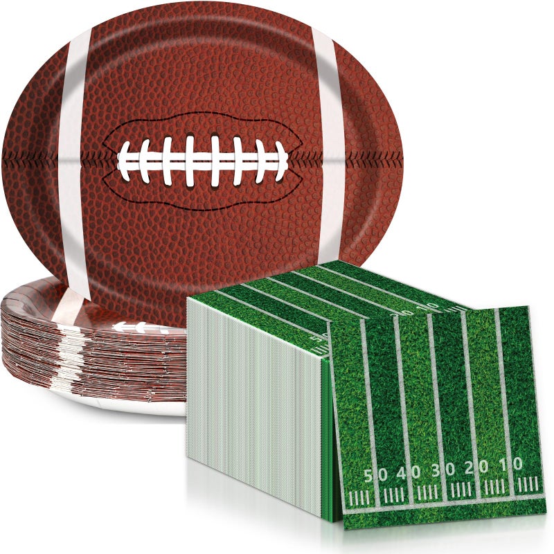 QOUBAI Football Oval Paper Plates Football Plates and Napkins Party Decorations Sport Rugby Theme Birthday Supplies 11inch Touch Down Dish Tray Dinnerware for Party Game Celebration, 25 Guest - Image 1