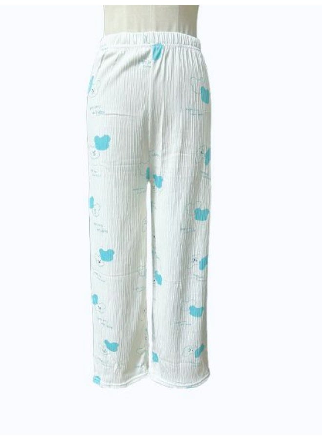 طقم بيجامة نسائي صغير لفصل الربيع والصيف والخريف - بلوزة بأكمام قصيرة ورقبة مربعة بطبعة دب لطيفة مع تفاصيل كشكشة وبنطلون مريح برباط - Image 3