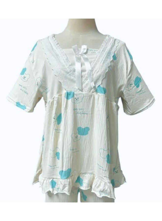 طقم بيجامة نسائي صغير لفصل الربيع والصيف والخريف - بلوزة بأكمام قصيرة ورقبة مربعة بطبعة دب لطيفة مع تفاصيل كشكشة وبنطلون مريح برباط - Image 2