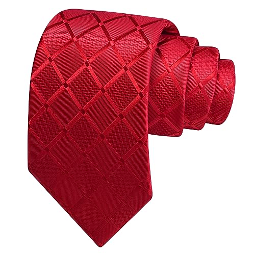 GUSLESON Red Mens Plaid Checkered Wedding Necktie Pocket Square Cufflinks and Lapel Pin Brooch Set (IN6104-16) - Image 3